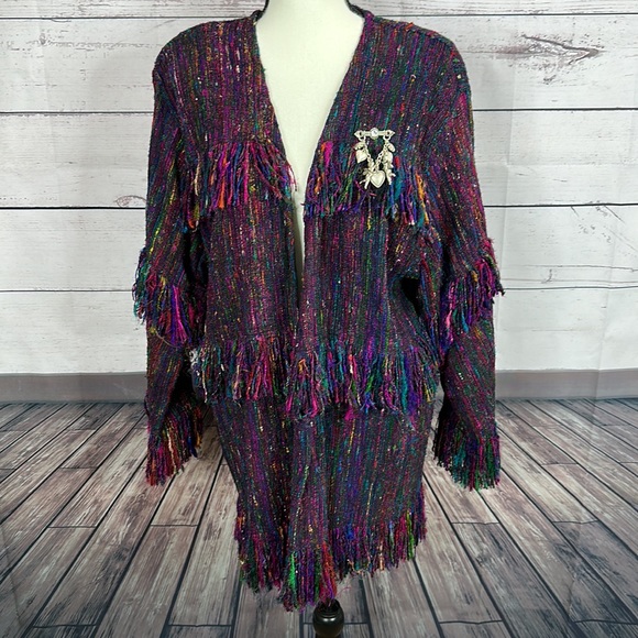 Vintage Yak Magic Womens Jacket size Large Multicolor Fringe Silk Art to wear - Picture 3 of 15